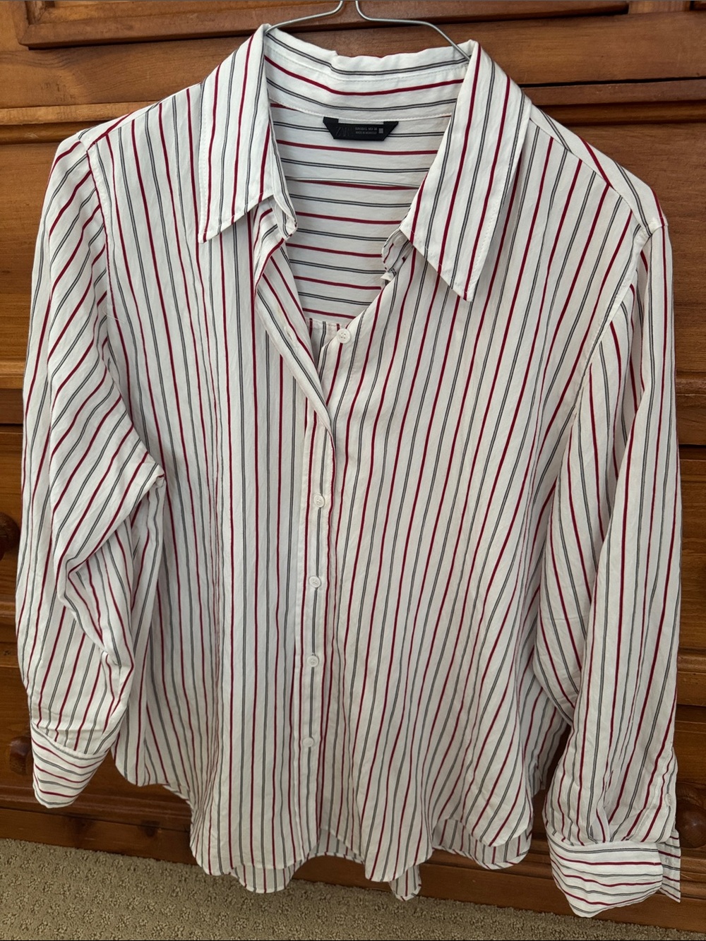 Zara White Button-Down Shirt with Red and Black Stripes